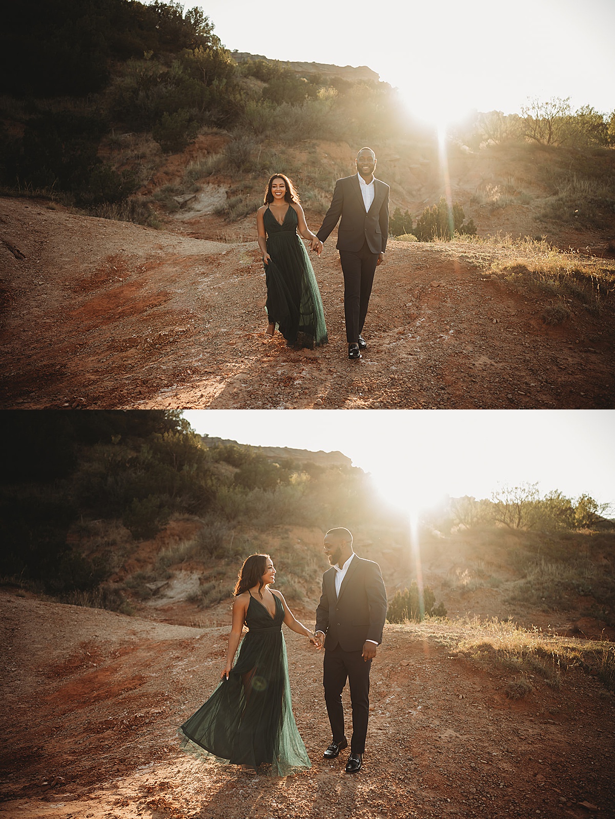 man in suit and woman in green chiffon gown pose during glamorous nature engagement shoot