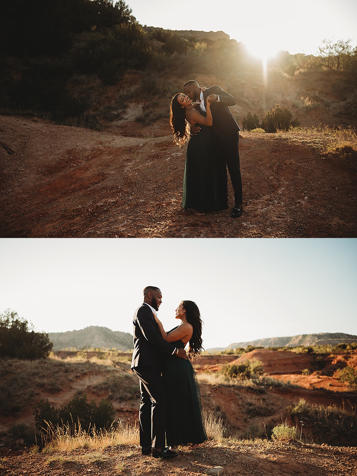 man and woman in green gown dance in red dirt canyon during glamorous nature engagement shoot