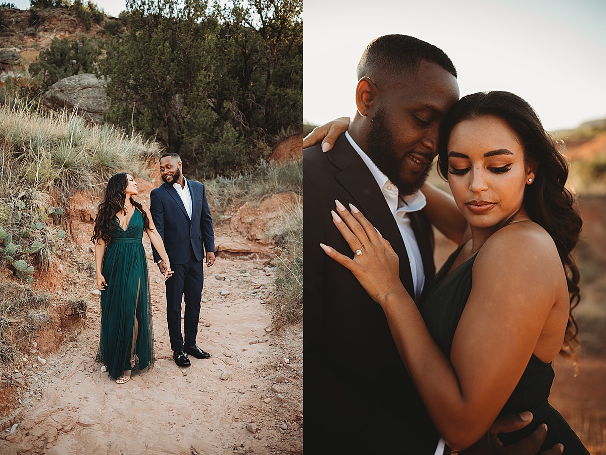 newly engaged couple in formal evening wear pose for palo duro canyon elopement photographer