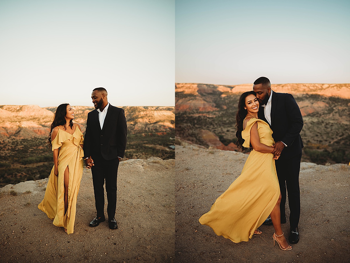 couple in suit and yellow evening gown pose in front of beautiful view during shoot by palo duro canyon elopement photographer