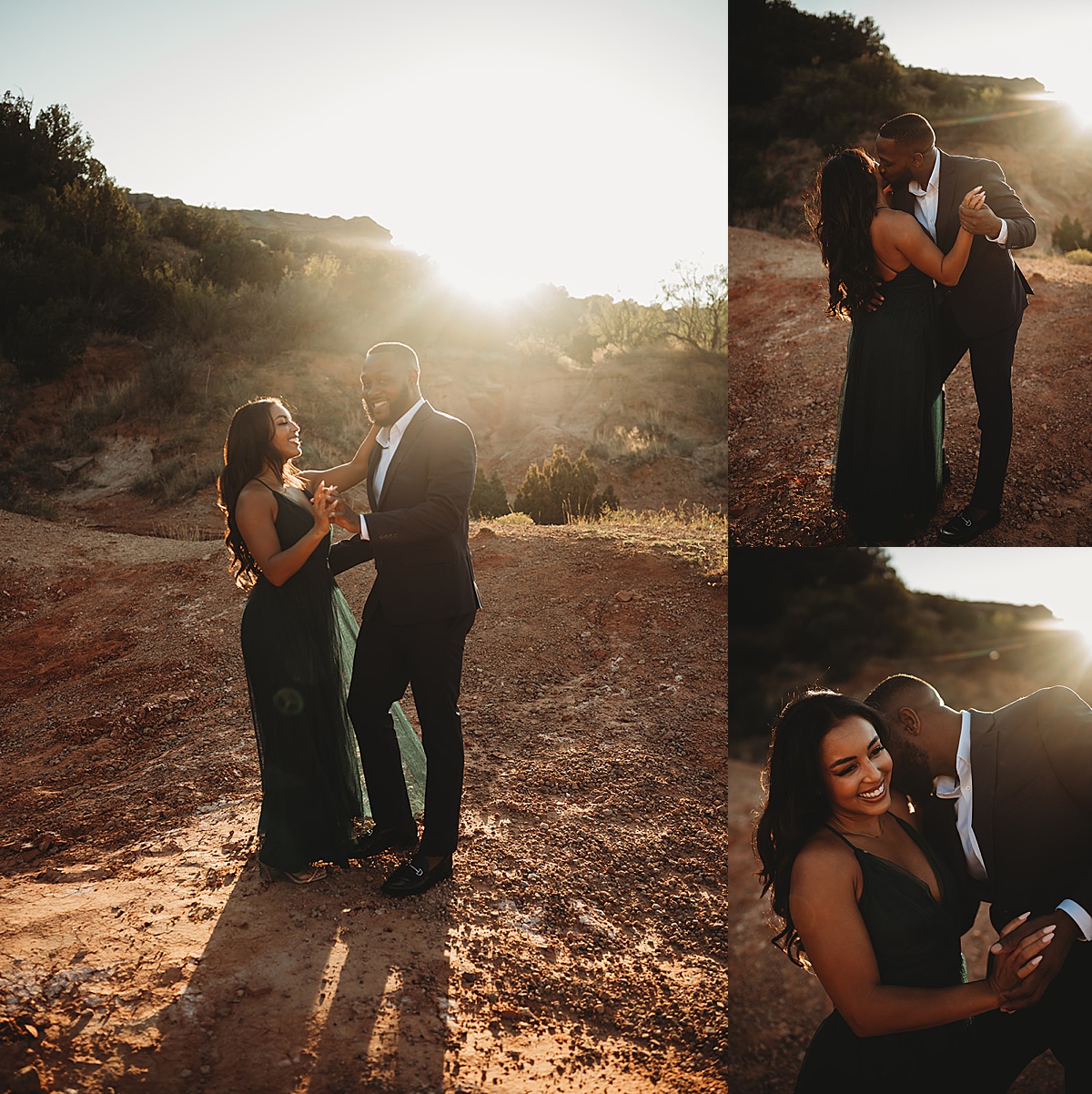 couple in evening attire dance in the red dirt during shoot by palo duro canyon elopement photographer