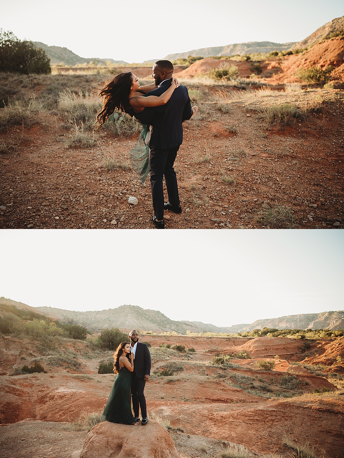 man sweeps woman off her feet in romantic engagement shoot by palo duro canyon elopement photographer