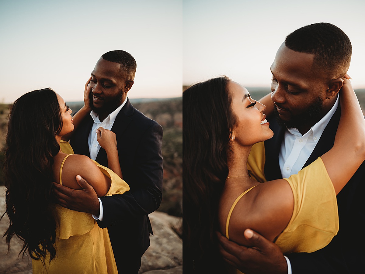 man and woman embrace during romantic engagement shoot by palo duro canyon elopement photographer