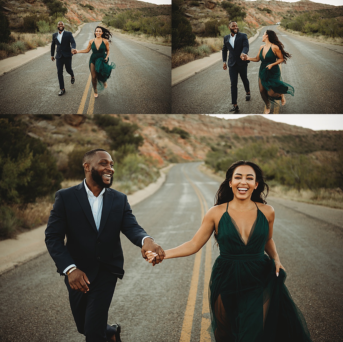 man in suit and woman in green evening gown run down canyon road during romantic shoot by Three Feather Photo Co.