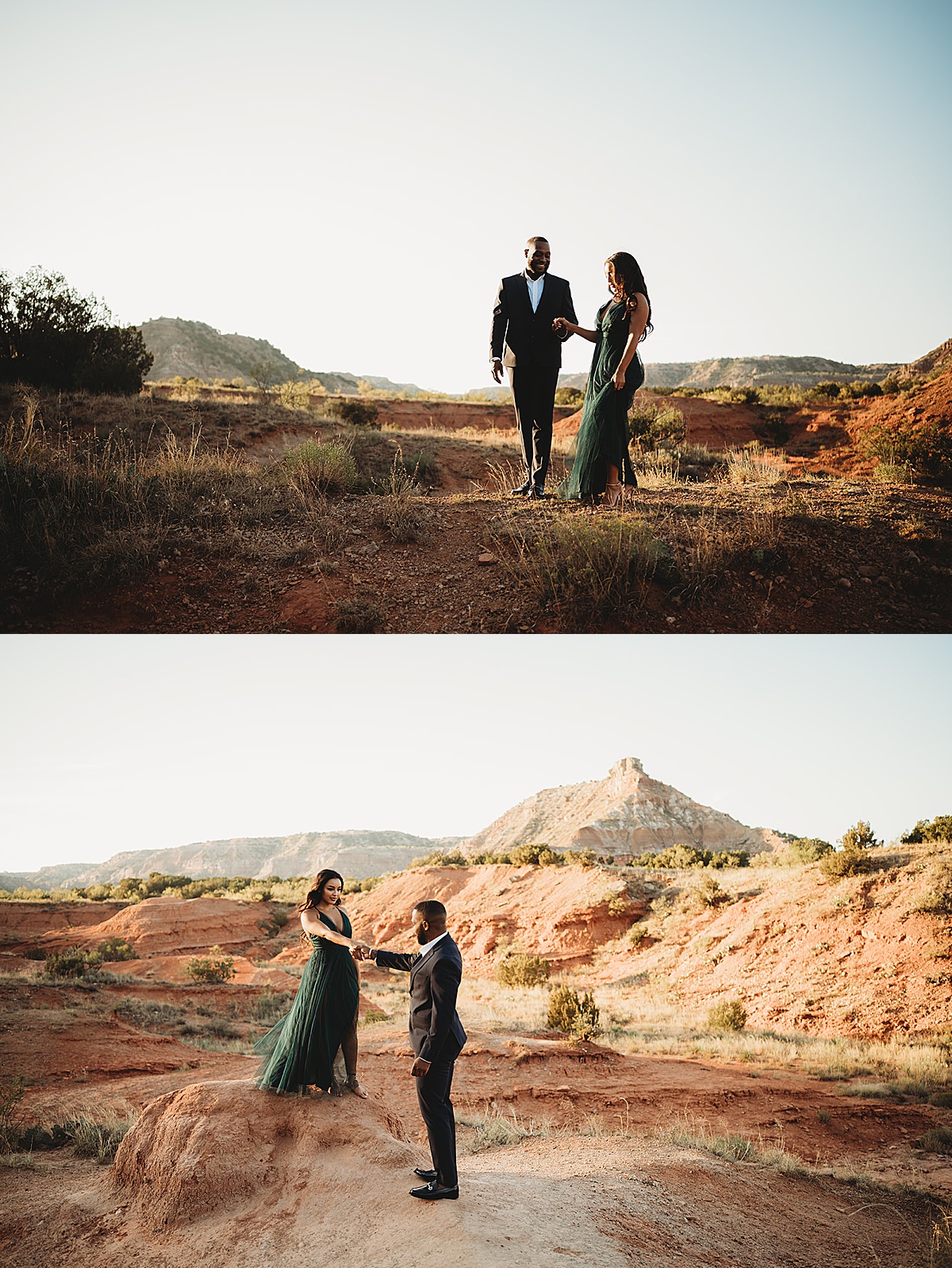 couple in evening wear pose in canyon during romantic shoot by Three Feather Photo Co.