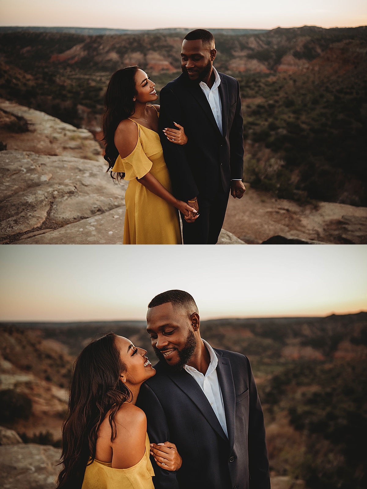 couple smile at each other during glamorous outdoor engagement shoot by Three Feather Photo Co.