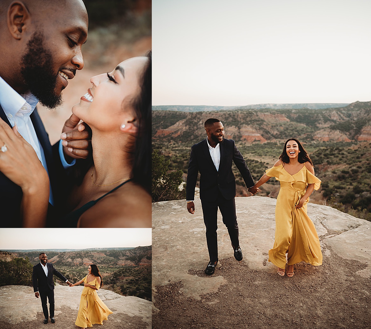 newly engaged couple pose in front of canyon vista during romantic shoot by Three Feather Photo Co.