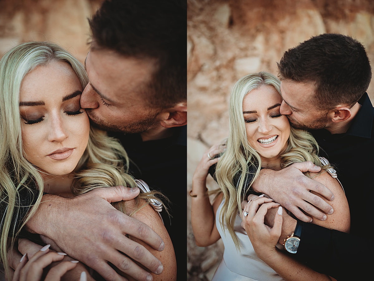 man kisses his fiancee's cheek during romantic quicksilver and moonlight engagement session
