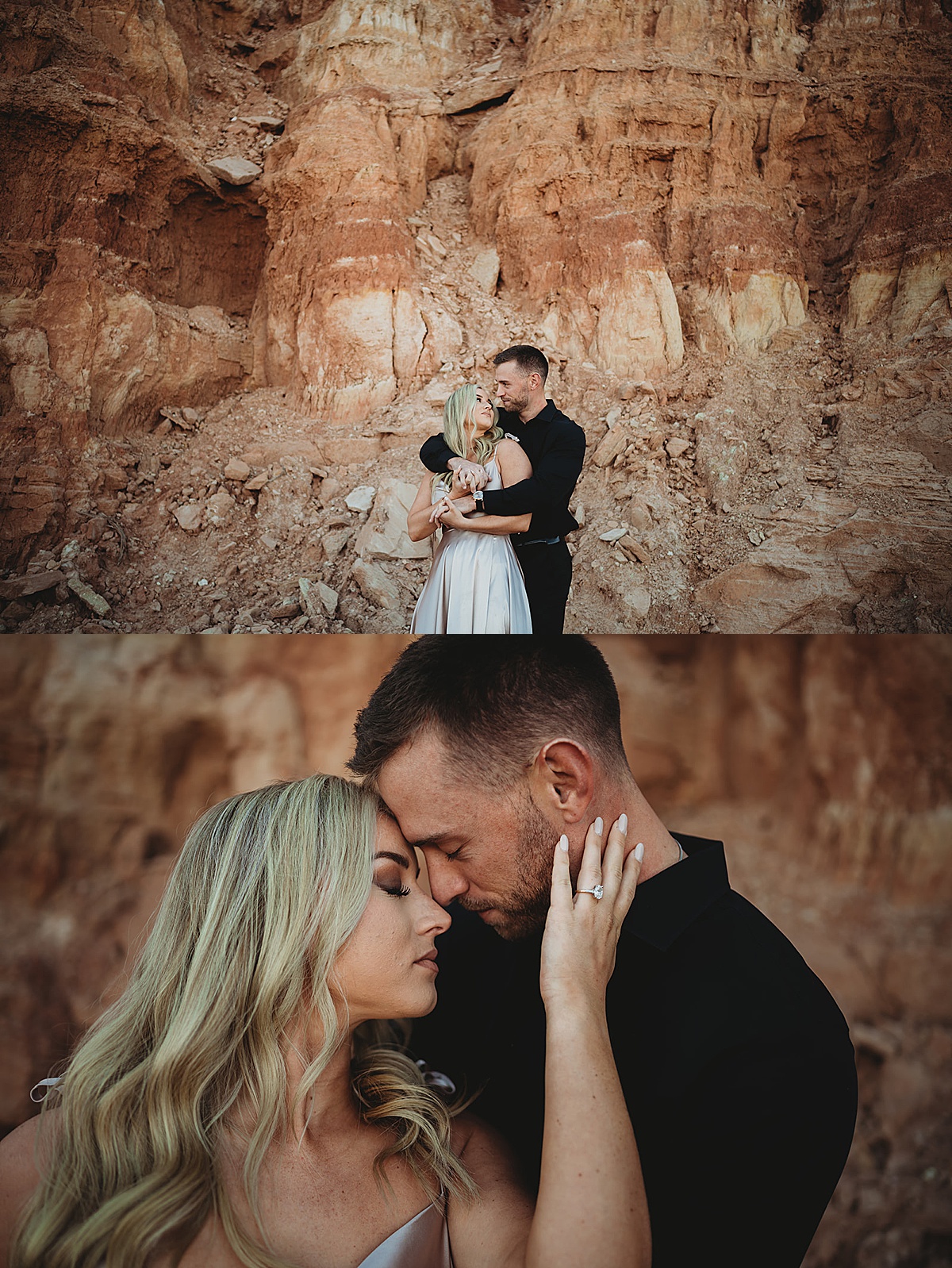 couple pose in red rock canyon during magical quicksilver and moonlight engagement session