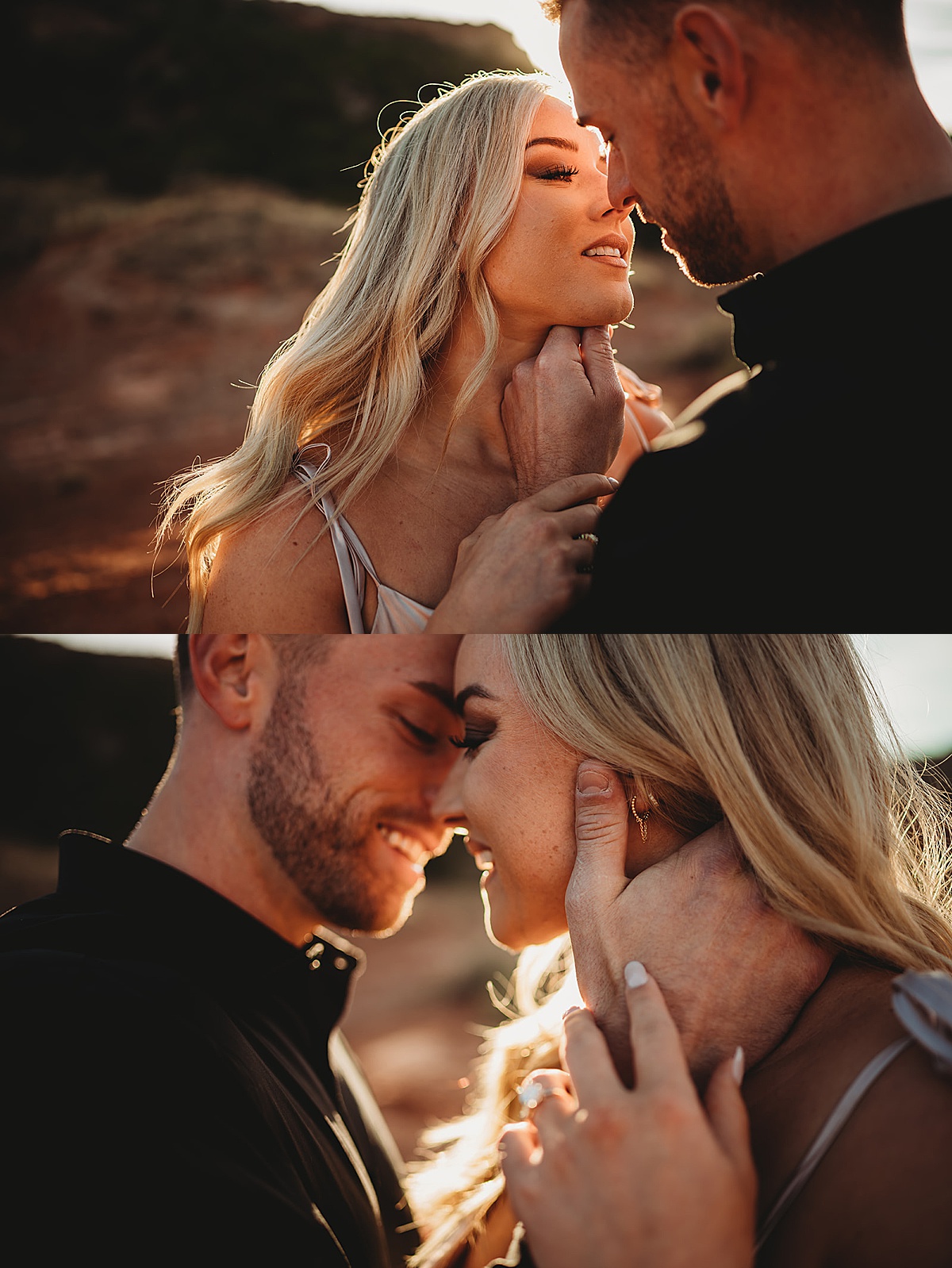 couple kiss during golden hour for romantic quicksilver and moonlight engagement session