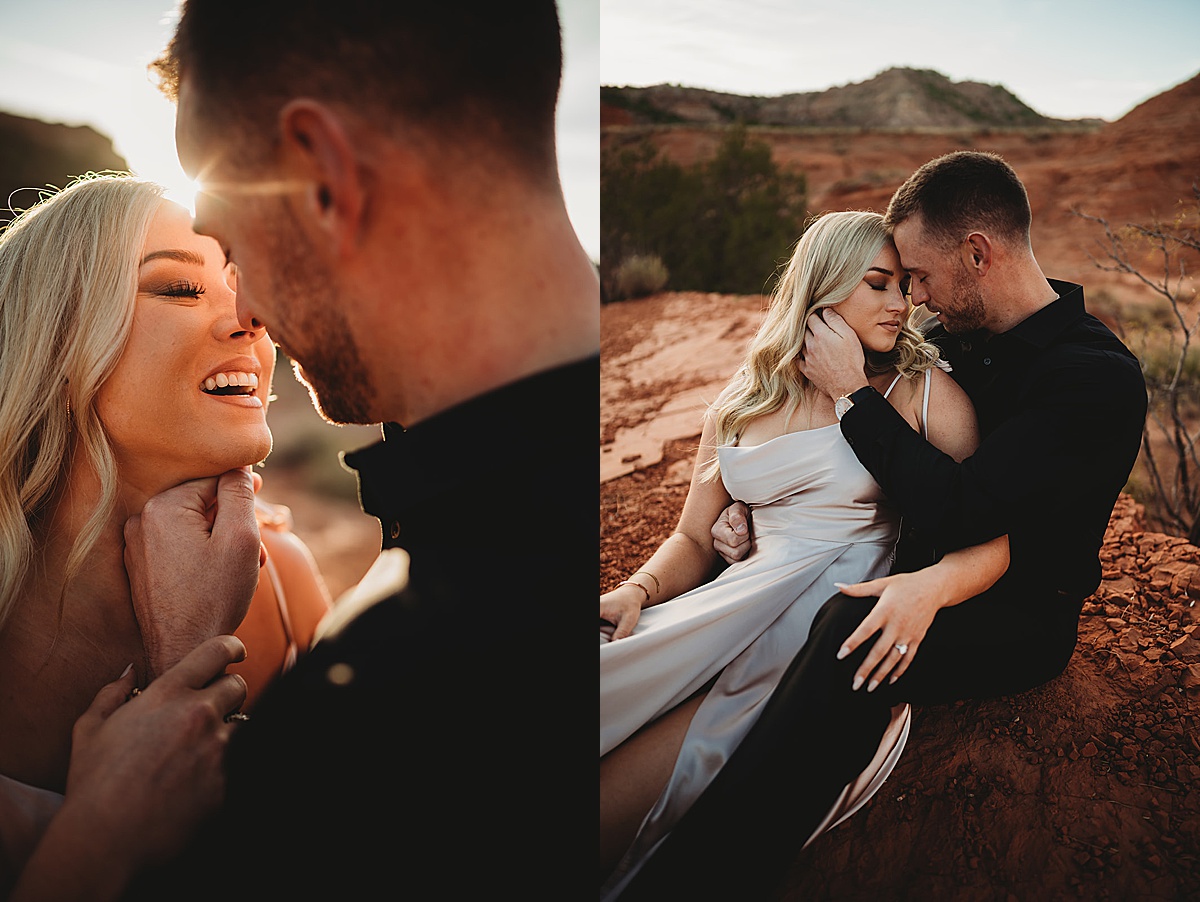 couple in elegant evening wear pose in texas canyon during quicksilver and moonlight engagement session