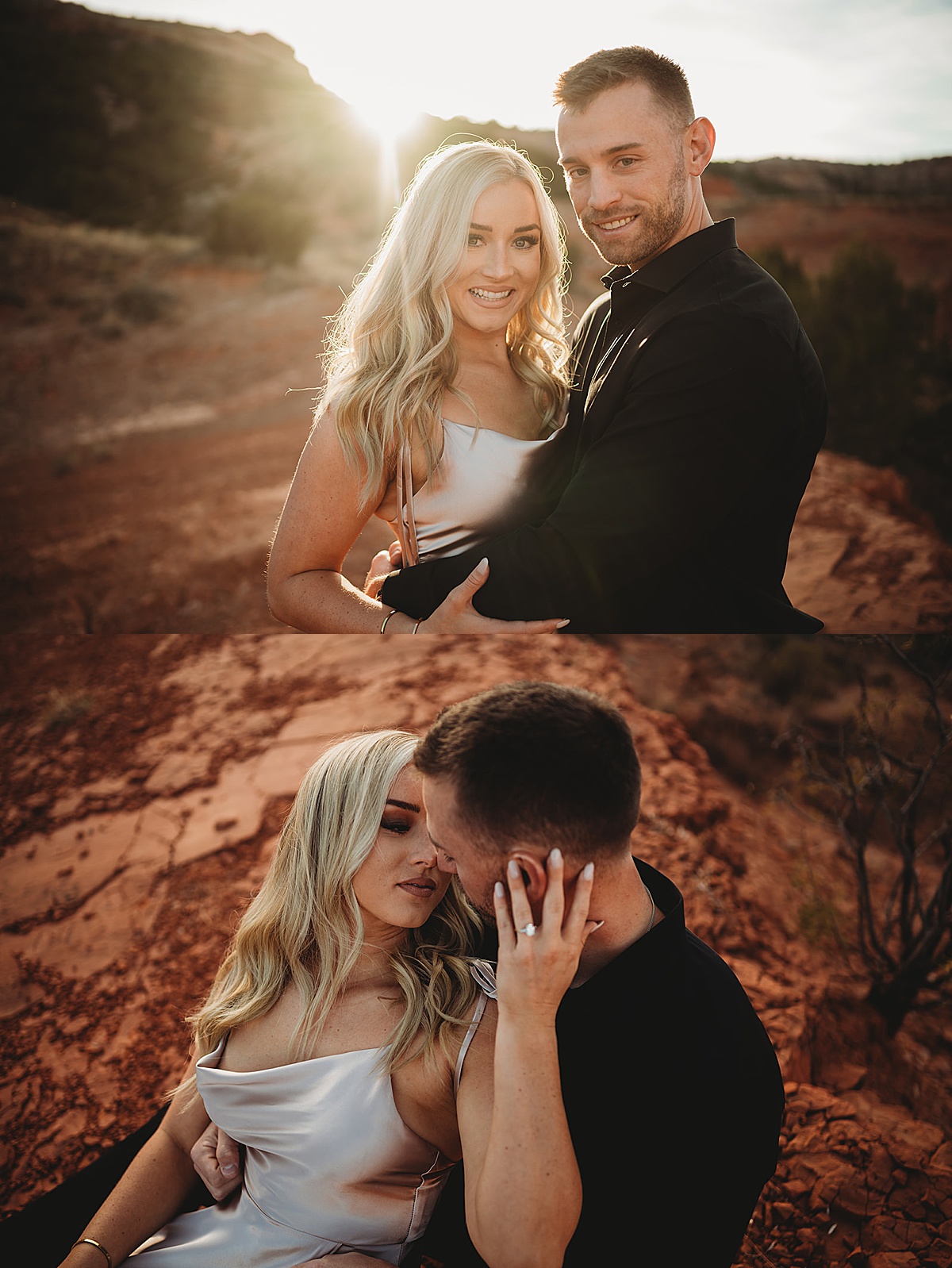 man and woman in elegant evening wear pose on red rocks during engagement shoot by Three Feather Photo Co.