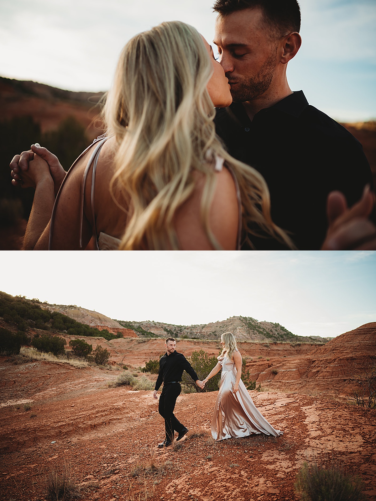man and woman kiss during romantic canyon engagement shoot by Three Feather Photo Co.