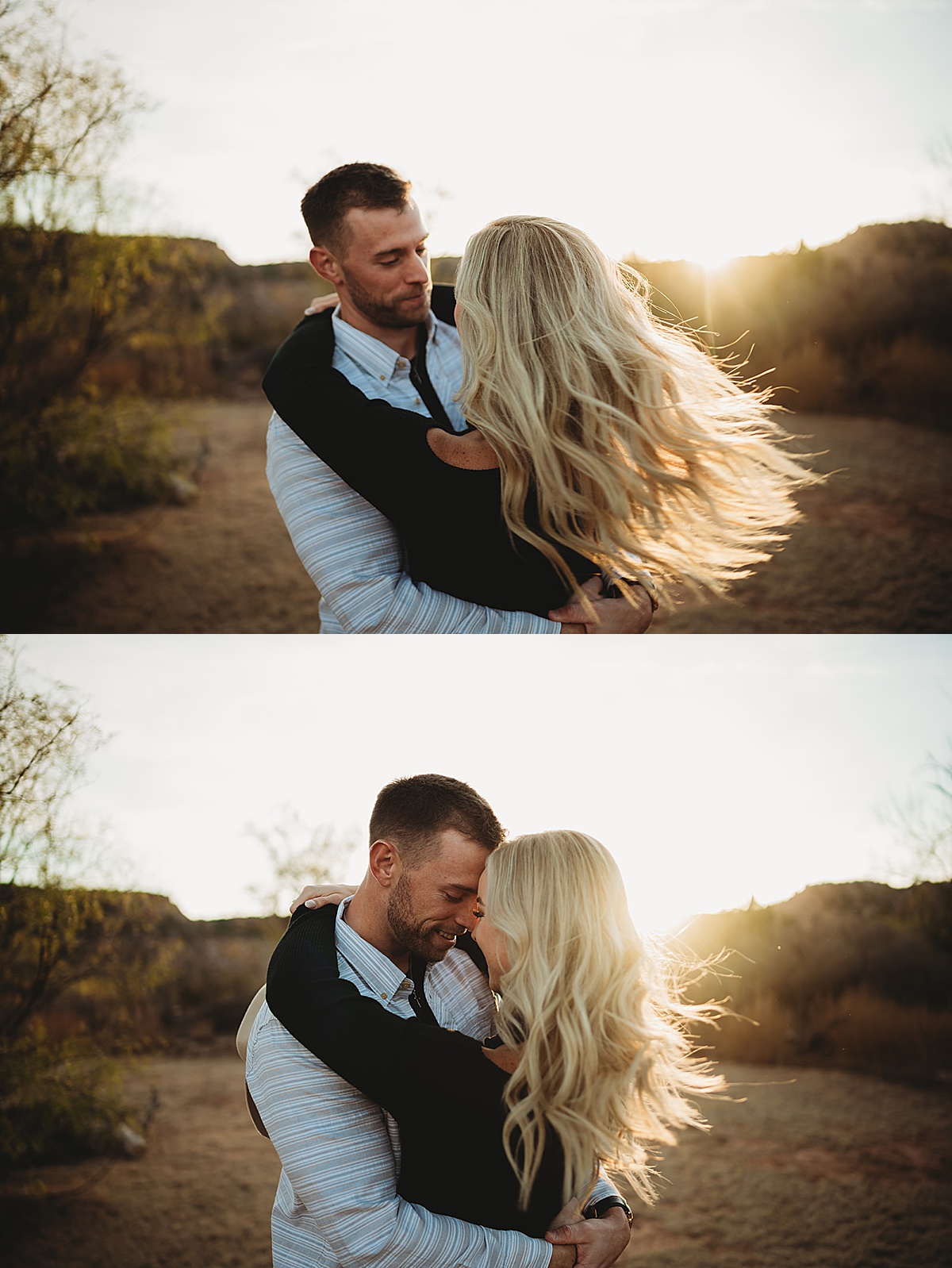 man twirls his finacee during golden hour canyon shoot by Three Feather Photo Co.