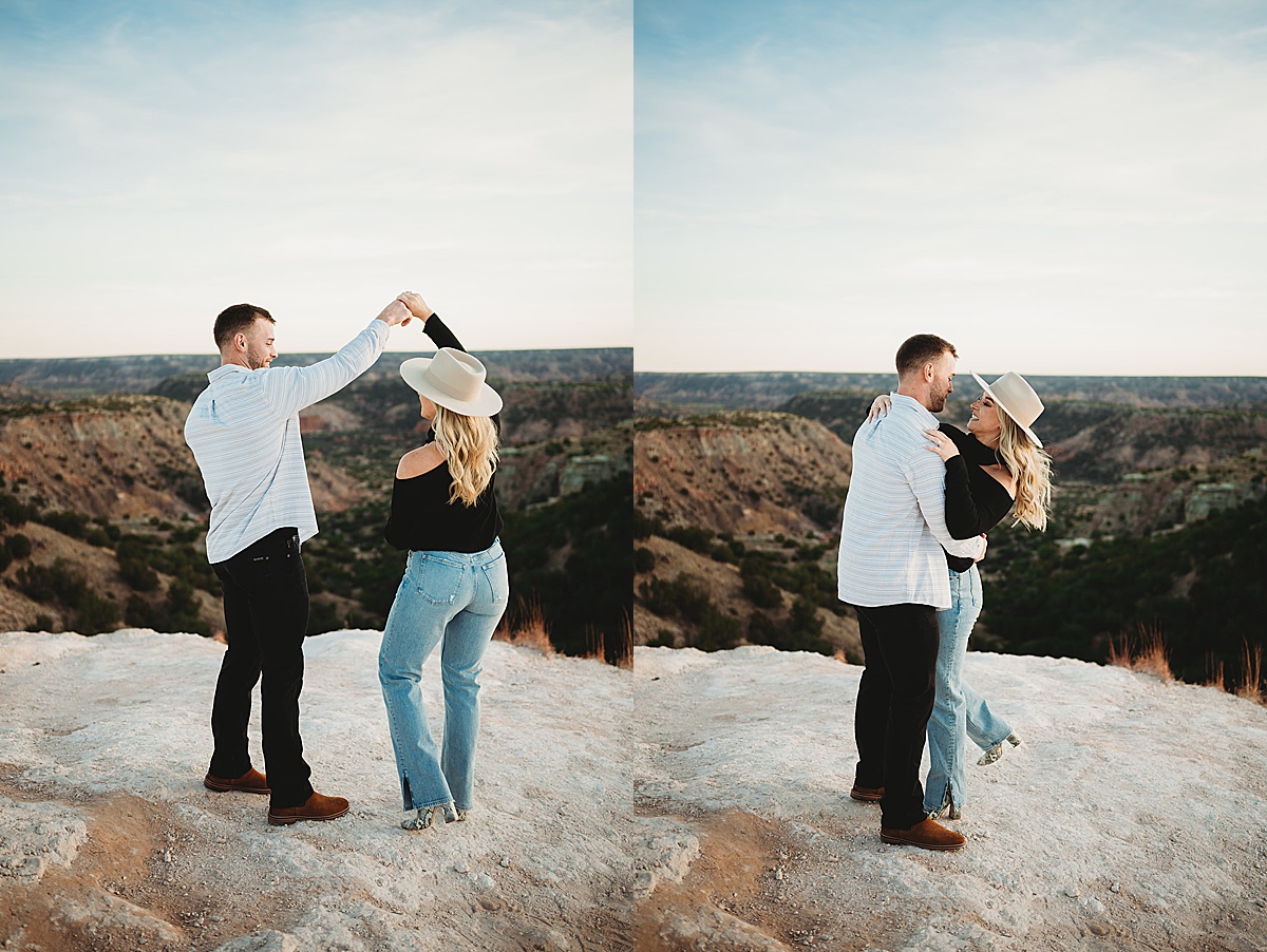 couple dances on the edge of palo duro canyon during engagement shoot by Three Feather Photo Co.