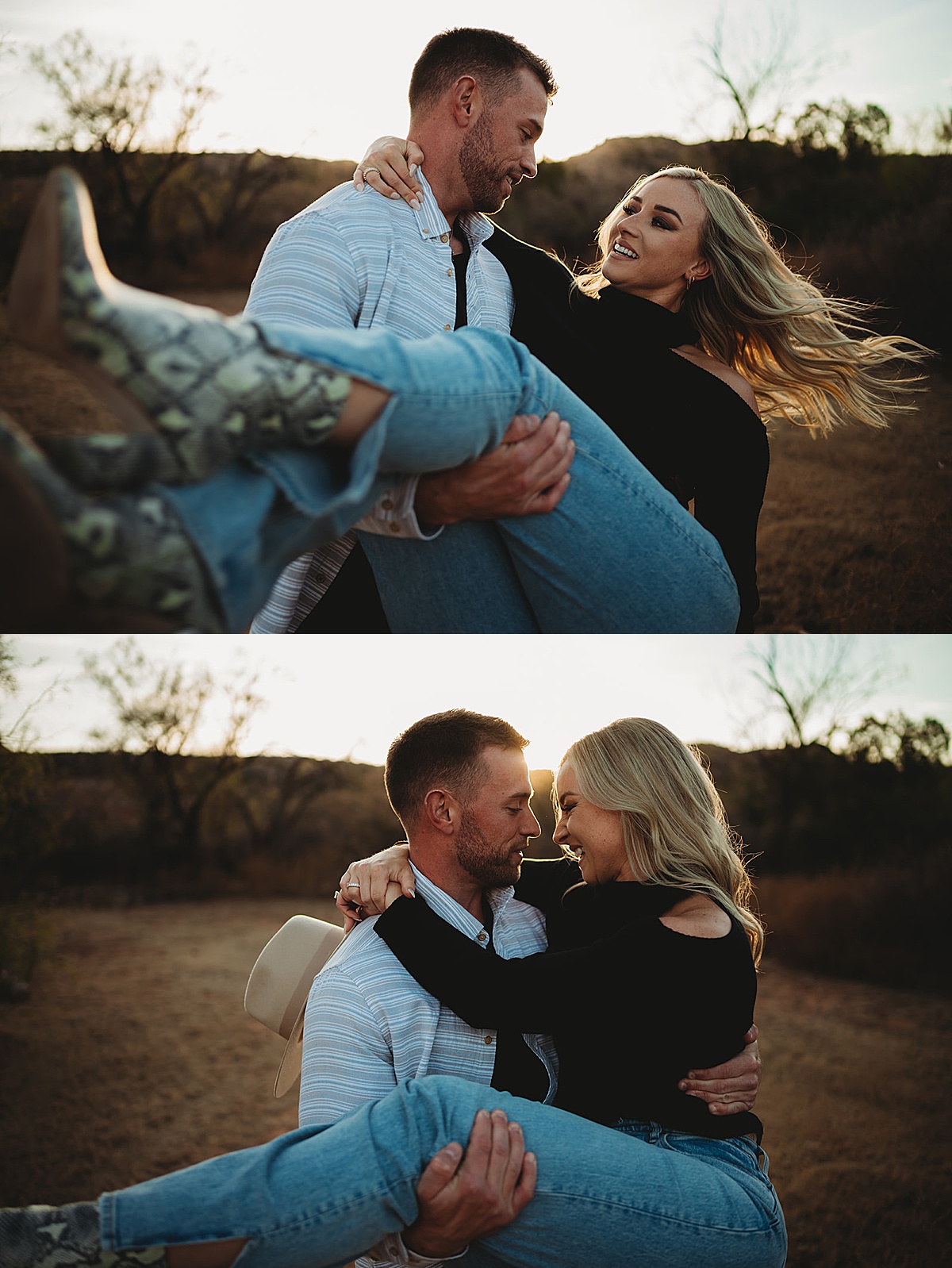 man sweeps his finacee off her feet during west texas engagement shoot by Palo Duro Canyon elopement photographer
