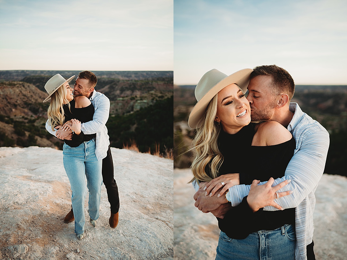 cute texas couple kiss during engagement shoot by Palo Duro Canyon elopement photographer