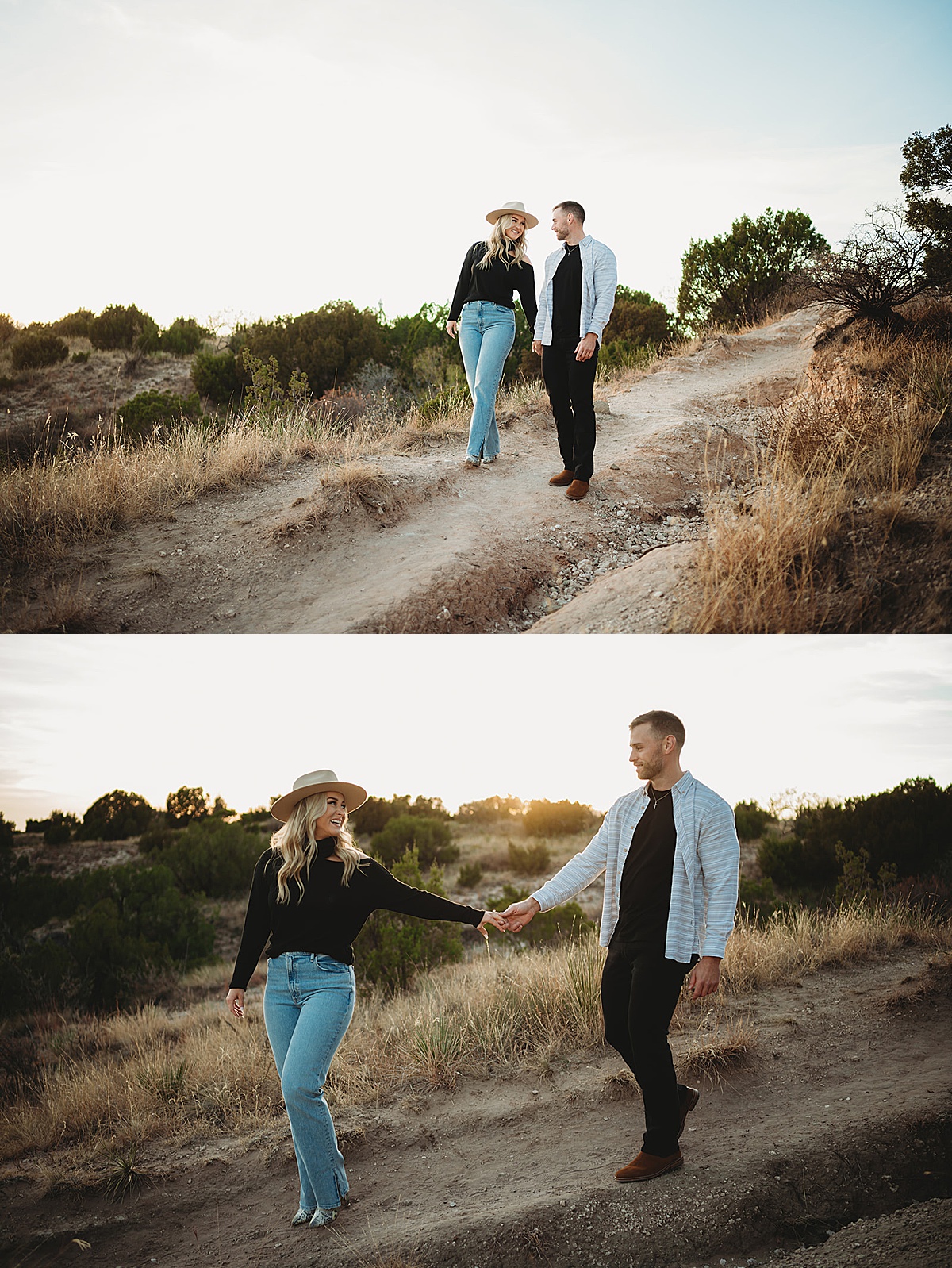 couple walks hand in hand through countryside during shoot by Palo Duro Canyon elopement photographer