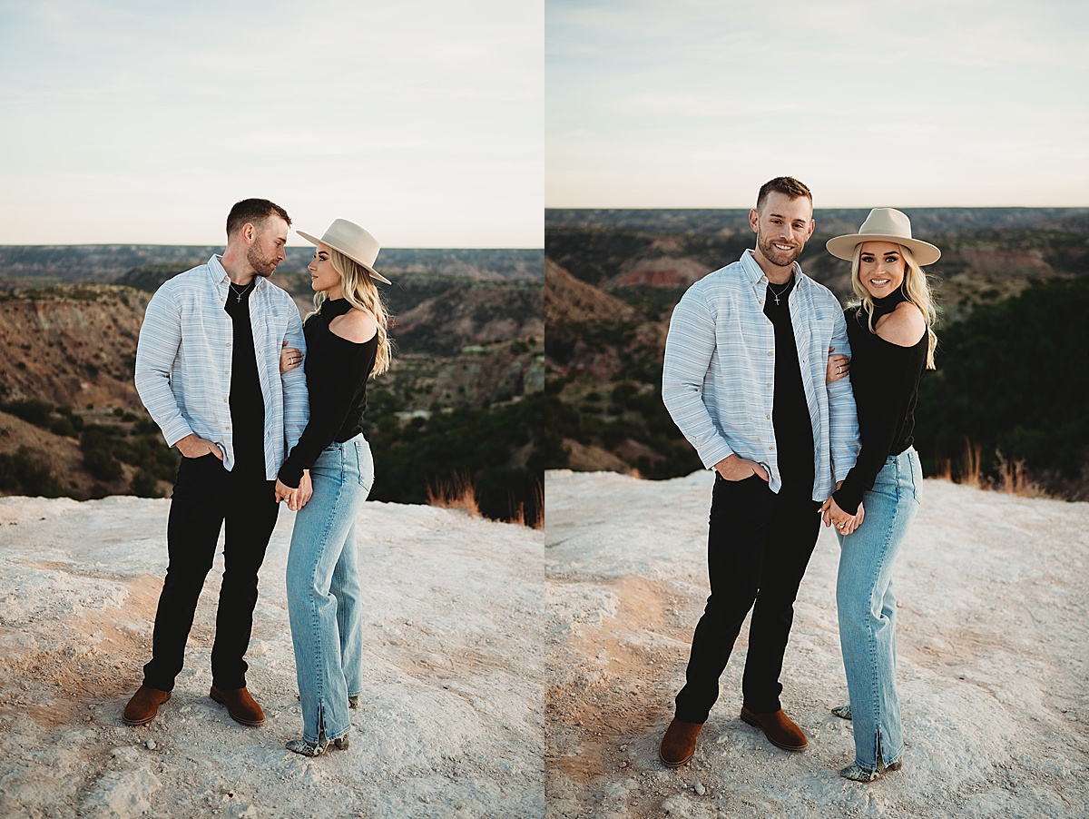 man and woman pose in front of romantic view during shoot by Palo Duro Canyon elopement photographer