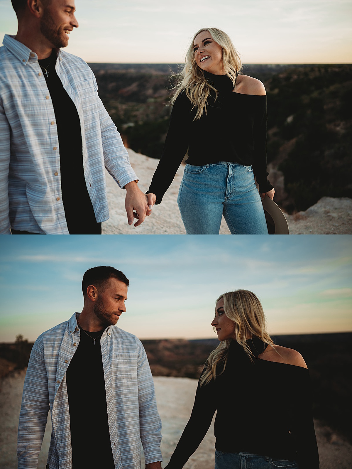 couple hold hands during evening engagement shoot by Palo Duro Canyon elopement photographer