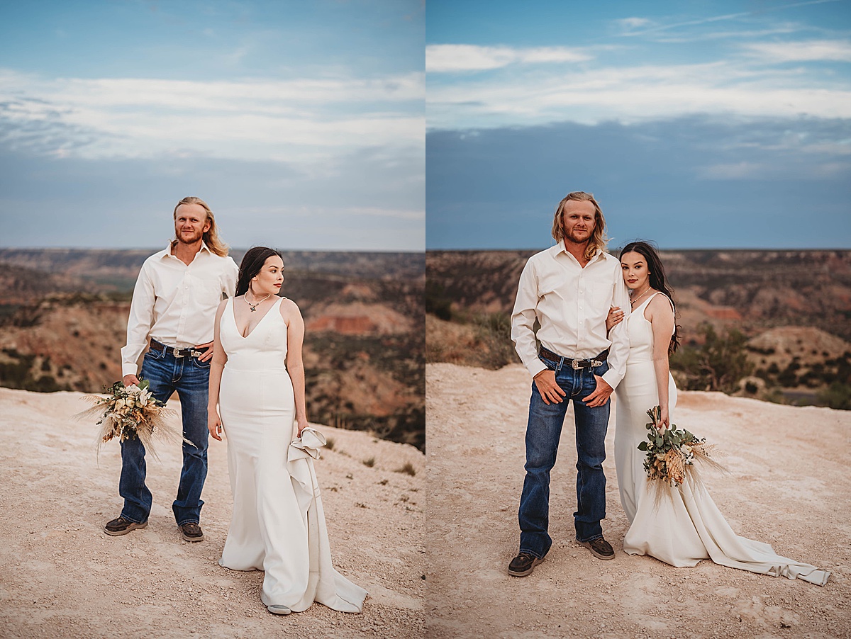 hip, artsy couple in jeans and wedding gown pose for boho canyon sweet summer elopement
