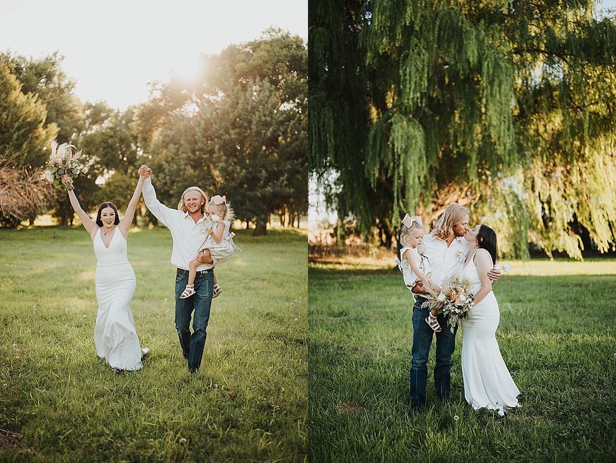 bride and groom and daughter pose in lush summer field after minimalist boho wedding shot by Three Feather Photo Co
