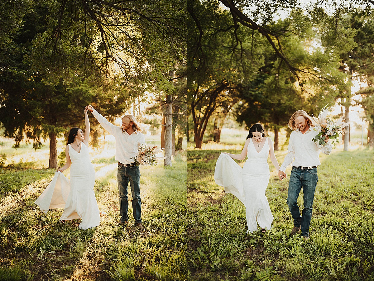 bride in minimalist elegant gown and groom in sharp western wear walk through a glade after wedding shot by Three Feather Photo Co