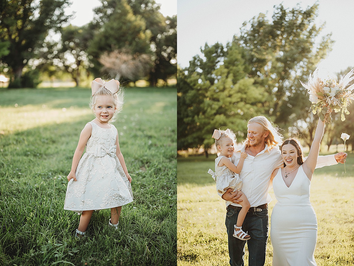little flower girl in cream brocade dress celebrates with bride and groom after boho ceremony shot by Palo Duro Canyon Elopement Photographer