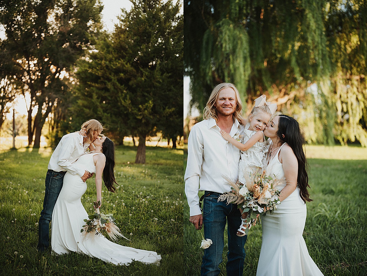minimalist boho bride and groom pose with young daughter after ceremony shot by Palo Duro Canyon Elopement Photographer