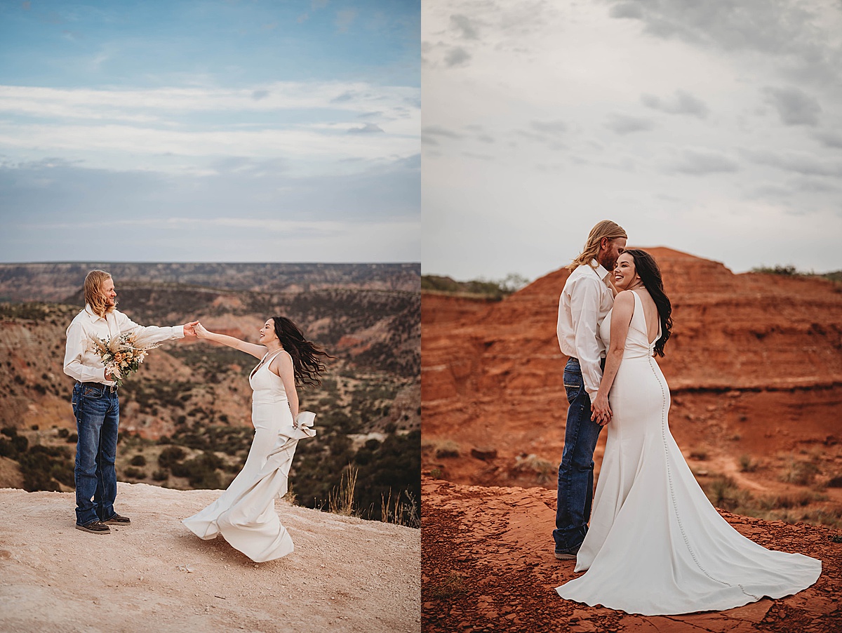 western boho bride and groom pose in front of vista during shoot with Palo Duro Canyon Elopement Photographer