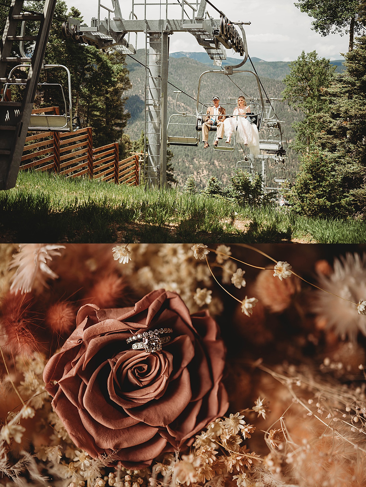 bride and father ride chair lift to reach Boho mountain top wedding in new mexico