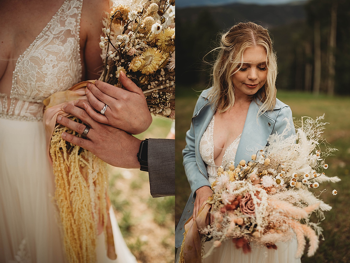 bride with dried flower bouquet and baby blue leather jacket poses for palo duro canyon elopement photographer