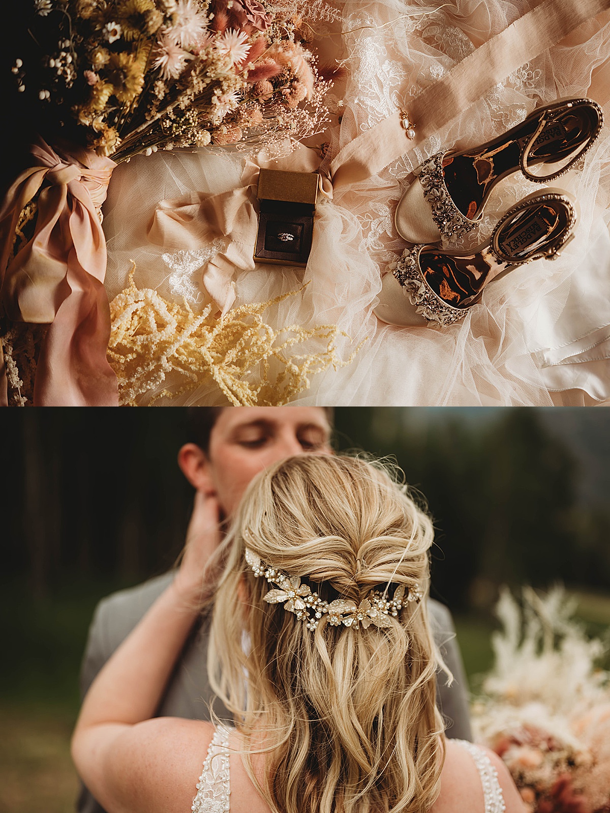 bouquet, rhinestone high heels, and boho hair comb shot by palo duro canyon elopement photographer