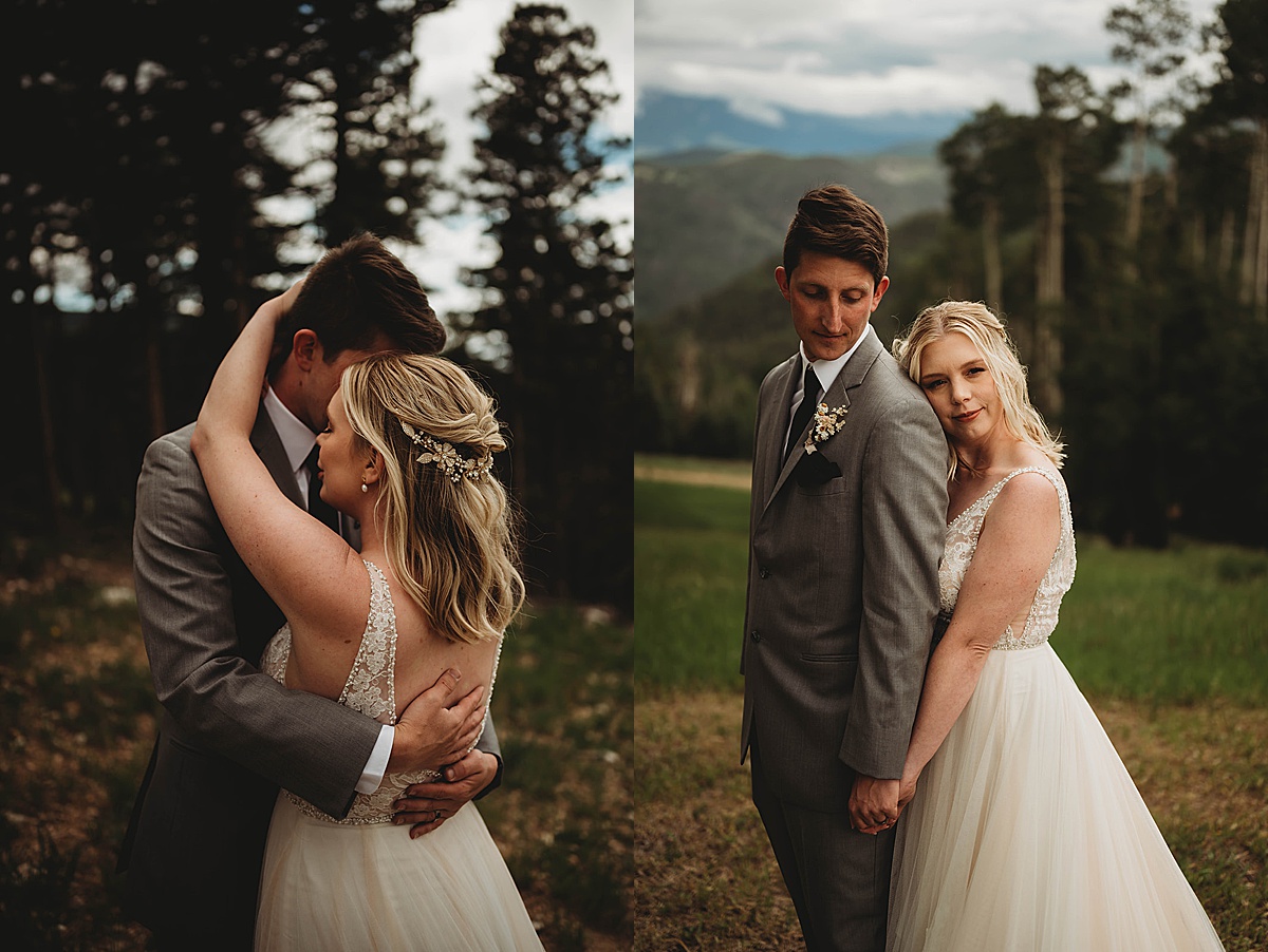 bride and groom pose in moody mountain top wedding by palo duro canyon elopement photographer
