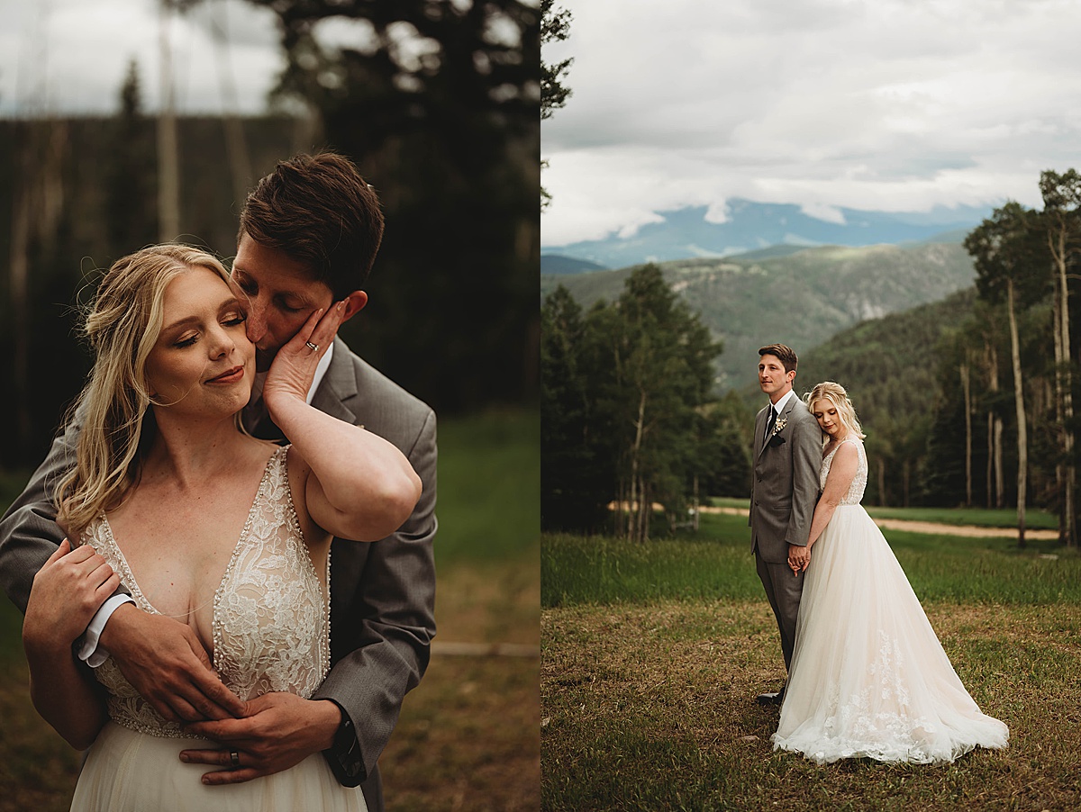 newlywed couple pose in red river mountains during wedding shot by Three Feather Photo Co