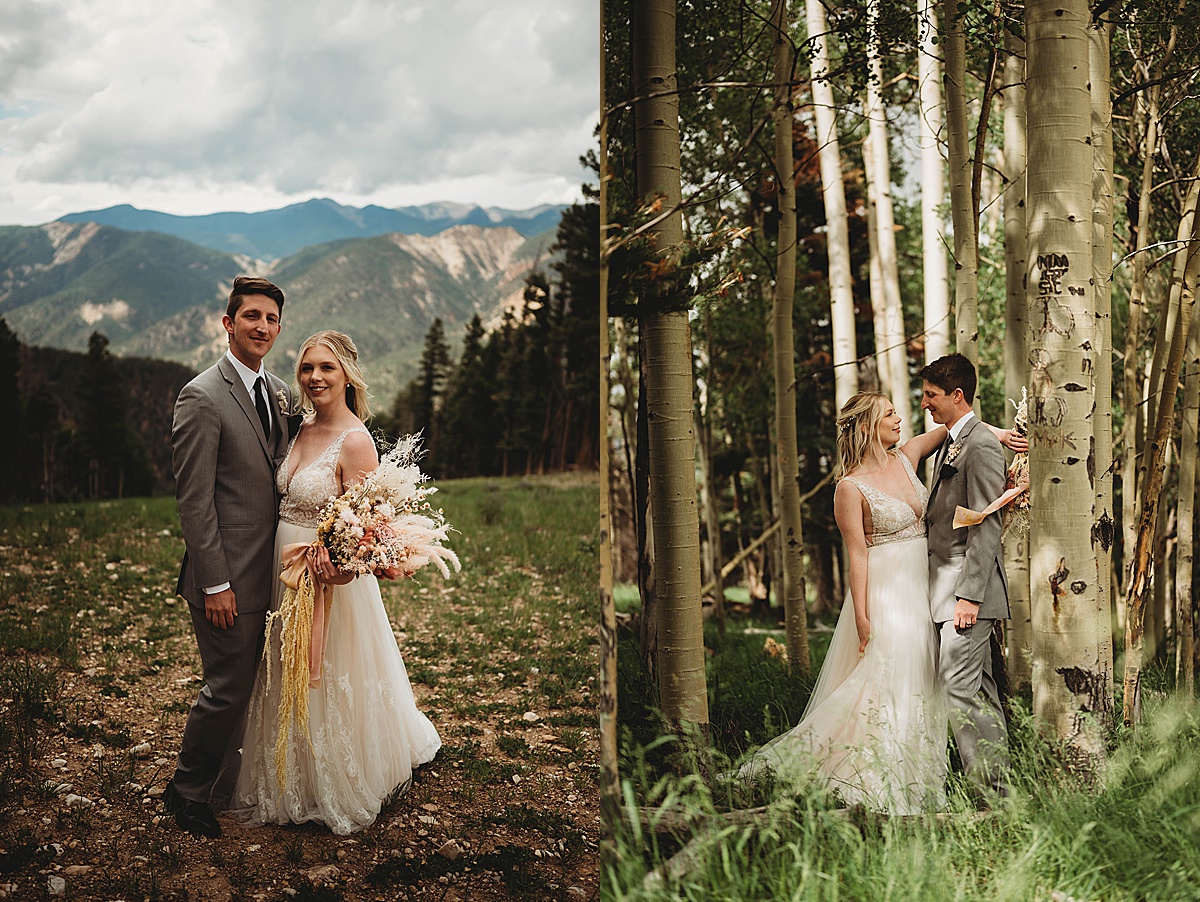 bride and groom pose in aspen grove during mountain ceremony shot by Three Feather Photo Co