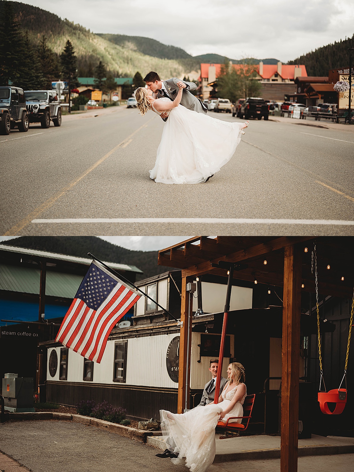 bride and groom pose in red river mountain town during ceremony by Three Feather Photo Co