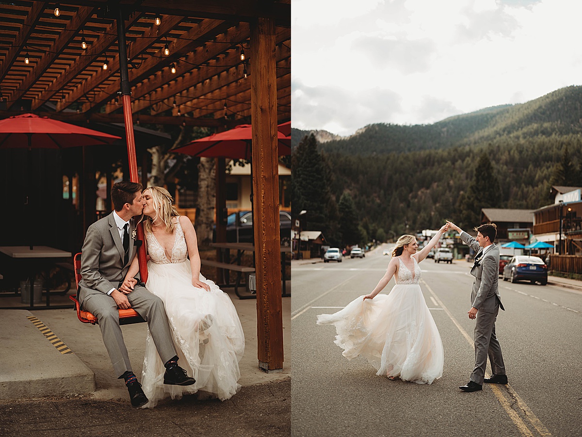 bride and groom pose in red river new mexico ski town during wedding shot by Three Feather Photo Co