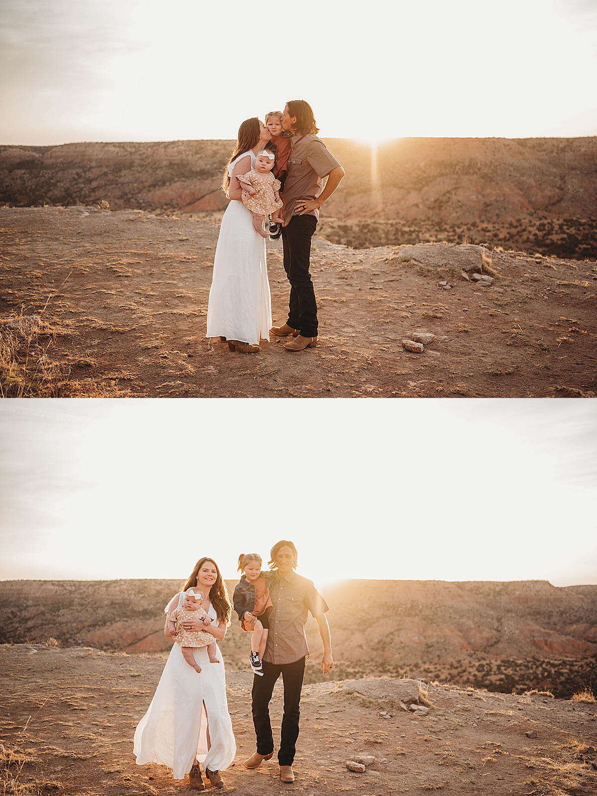 young mom and dad pose with two small daughters during sweet sunrise adventure family portraits