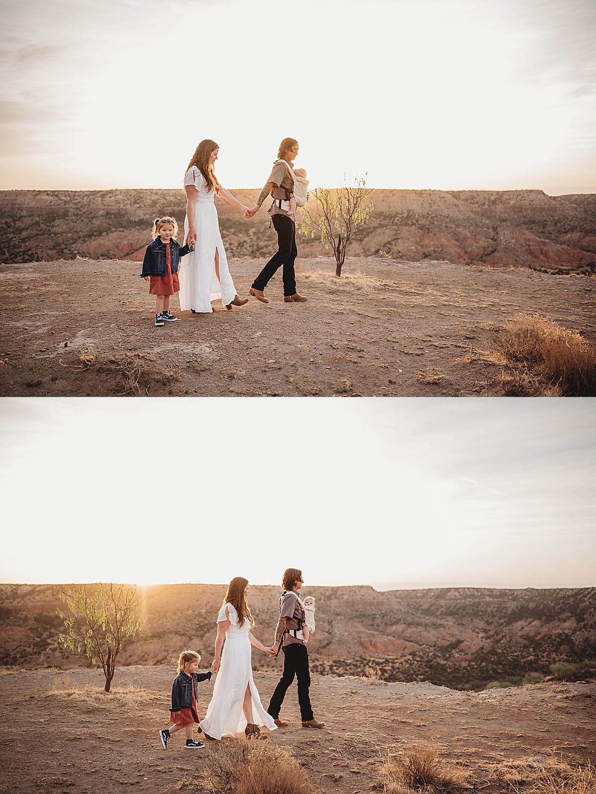 man with baby carrier and woman in white dress walk with their kids during sunrise adventure family portraits