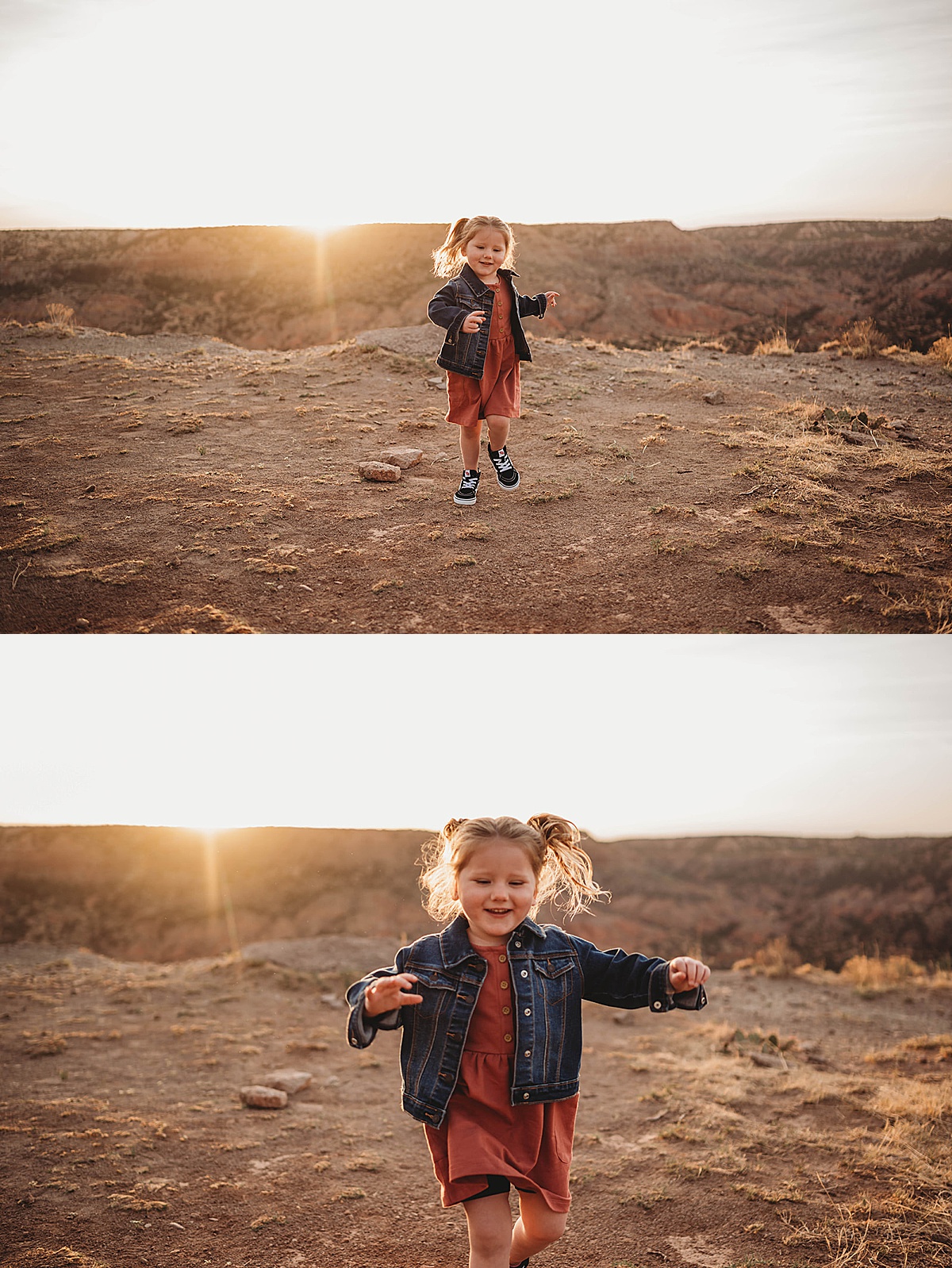 little girl in red dress and jean jacket plays in texas canyon during sunrise adventure family portraits
