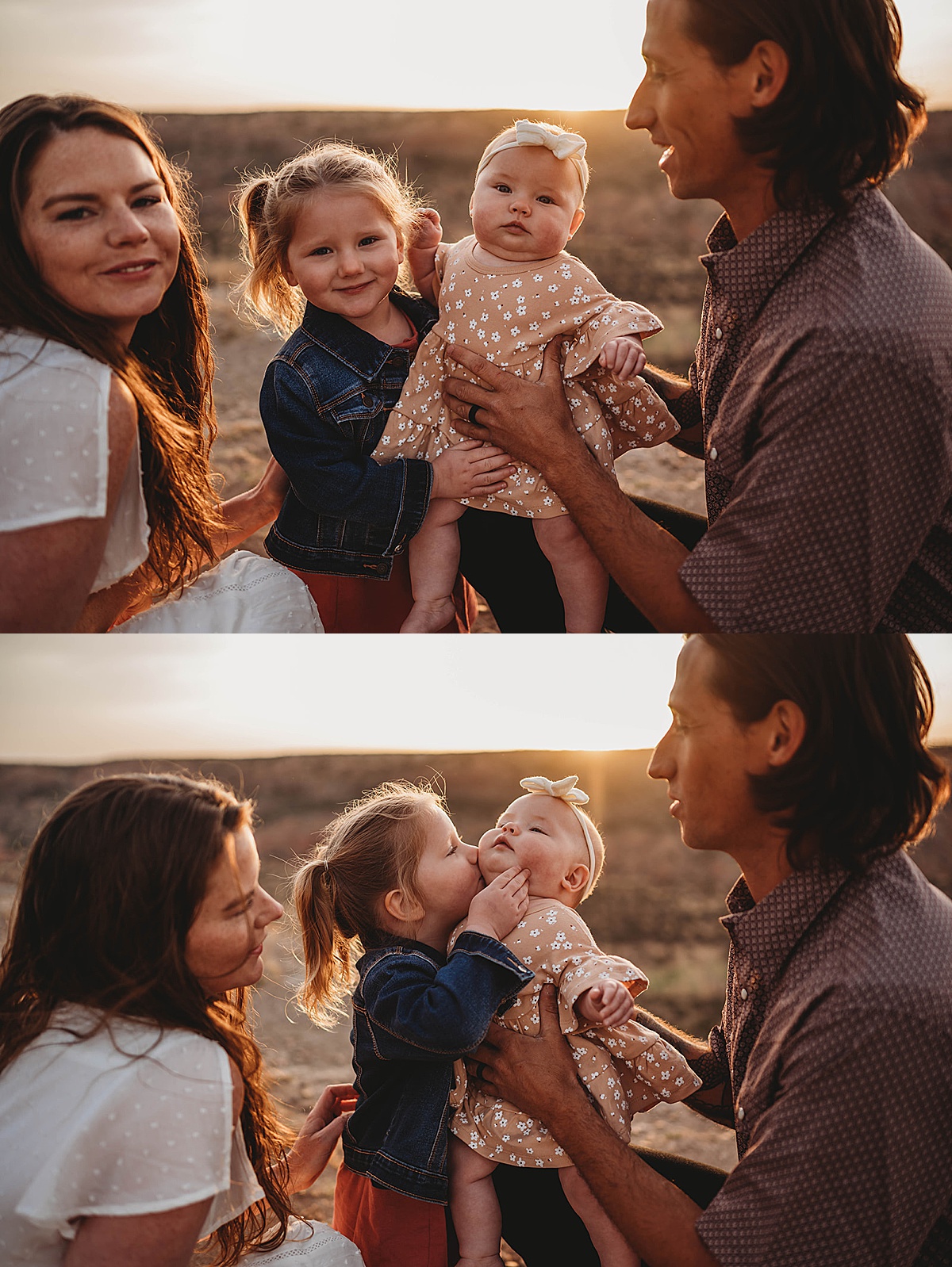 cute family with two little girls pose in palo duro canyon during sunrise adventure family portraits