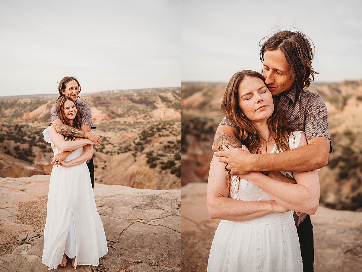 man with hip tattoos poses with woman in white dress during family portraits session with palo duro canyon elopement photographer