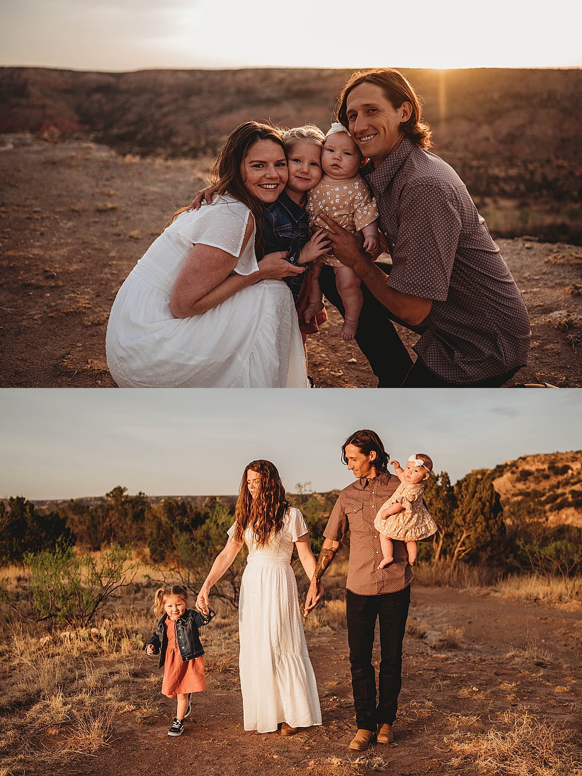 young family of four poses at sunrise during portraits by palo duro canyon family photographer