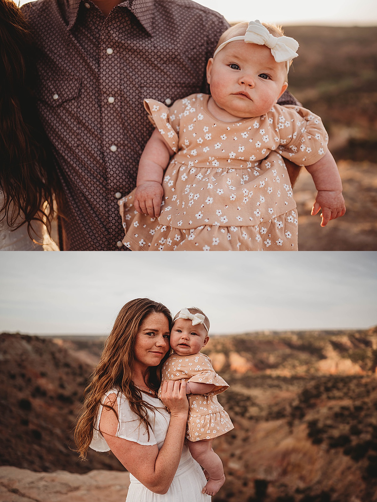 cute baby with headband and box poses with mom and dad at canyon photoshoot with three feather photo co