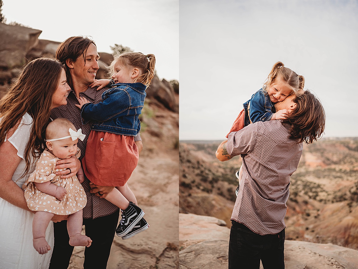 mom, dad, and two baby girls pose together at canyon with three feather photo co