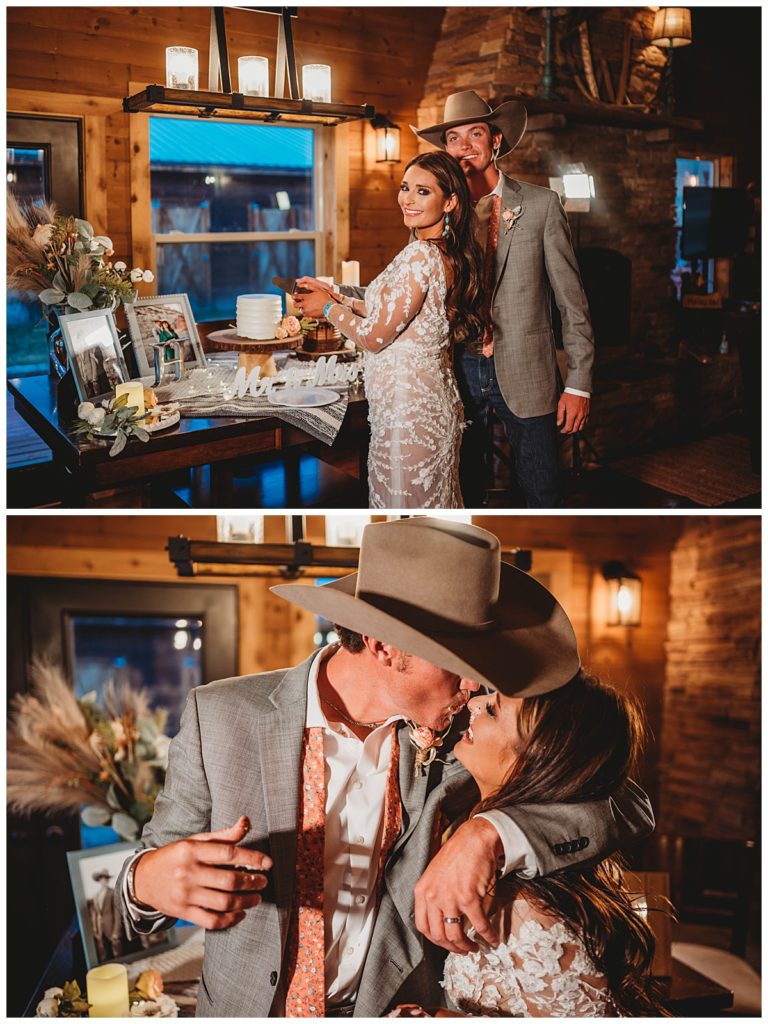 couple cutting wedding cake at Colorado cabin elopement