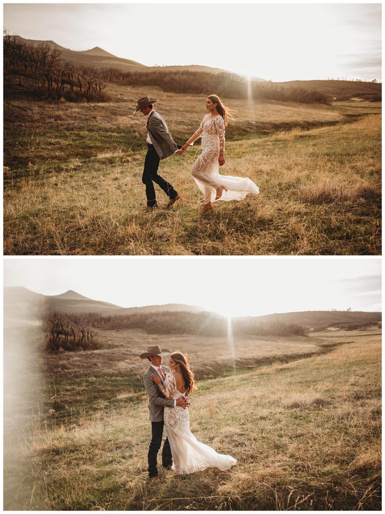 two people walking in prairie at Colorado cabin elopement