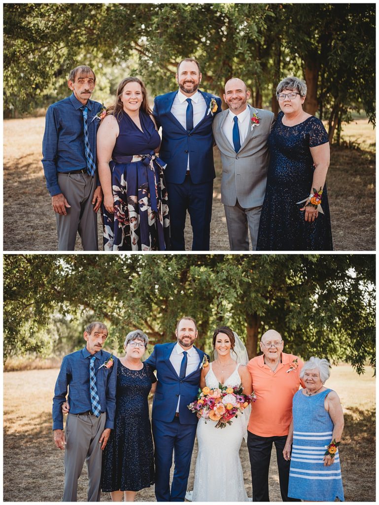 groom's family poses by trees at Austin villa wedding