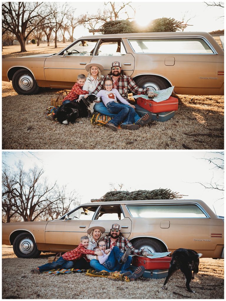 family sits together in front of gold station wagon by Palo Duro Wedding Photographer